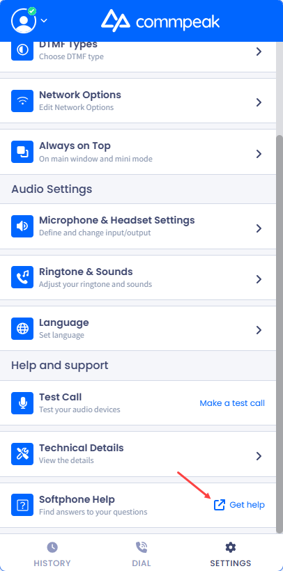 Screenshot of the Softphone Help option