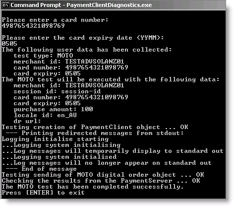 Example of a successful test transaction