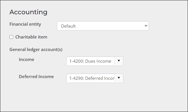 Viewing the Accounting options for a billing product, where the Income and  Deferred Income GL accounts are defined.