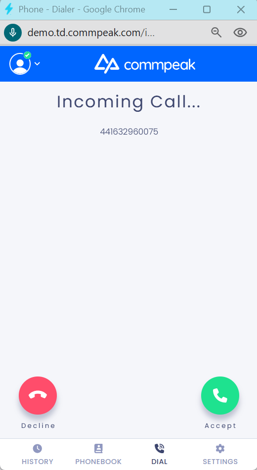 Screenshot with an incoming call in a phone client