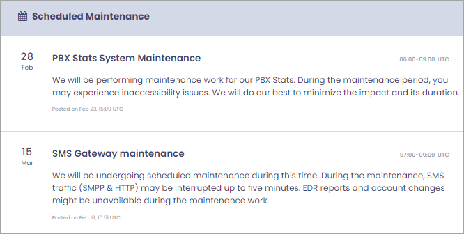 Screenshot of the scheduled maintenance notifications