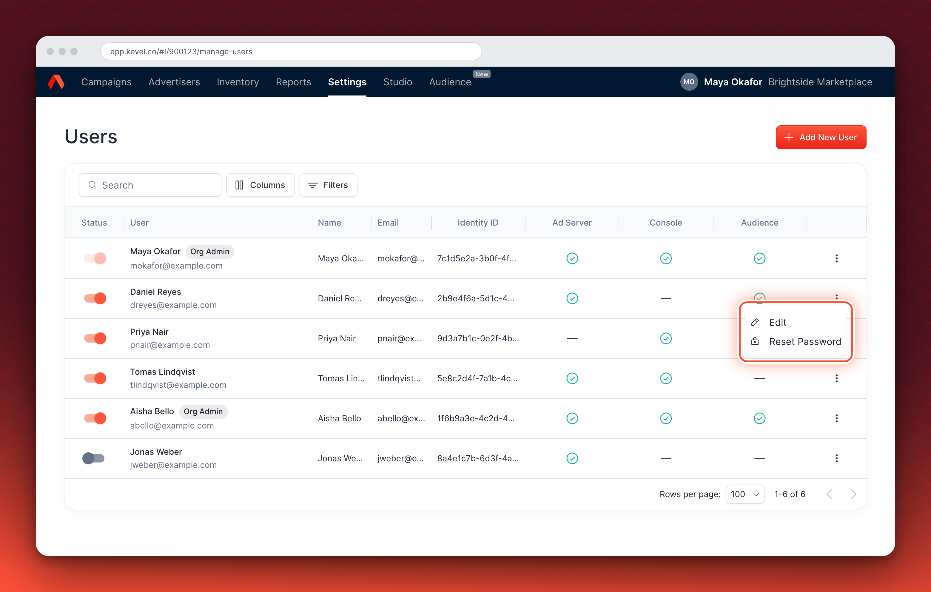 The 3 dot menu open for one user on the Users page, showing Edit and Reset Password, with the menu circled.