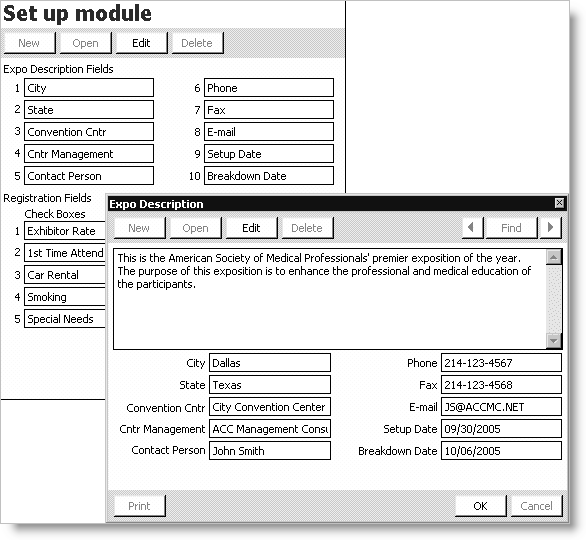 Example of the user-defined Expo Description Fields displayed on the Expo Description window
