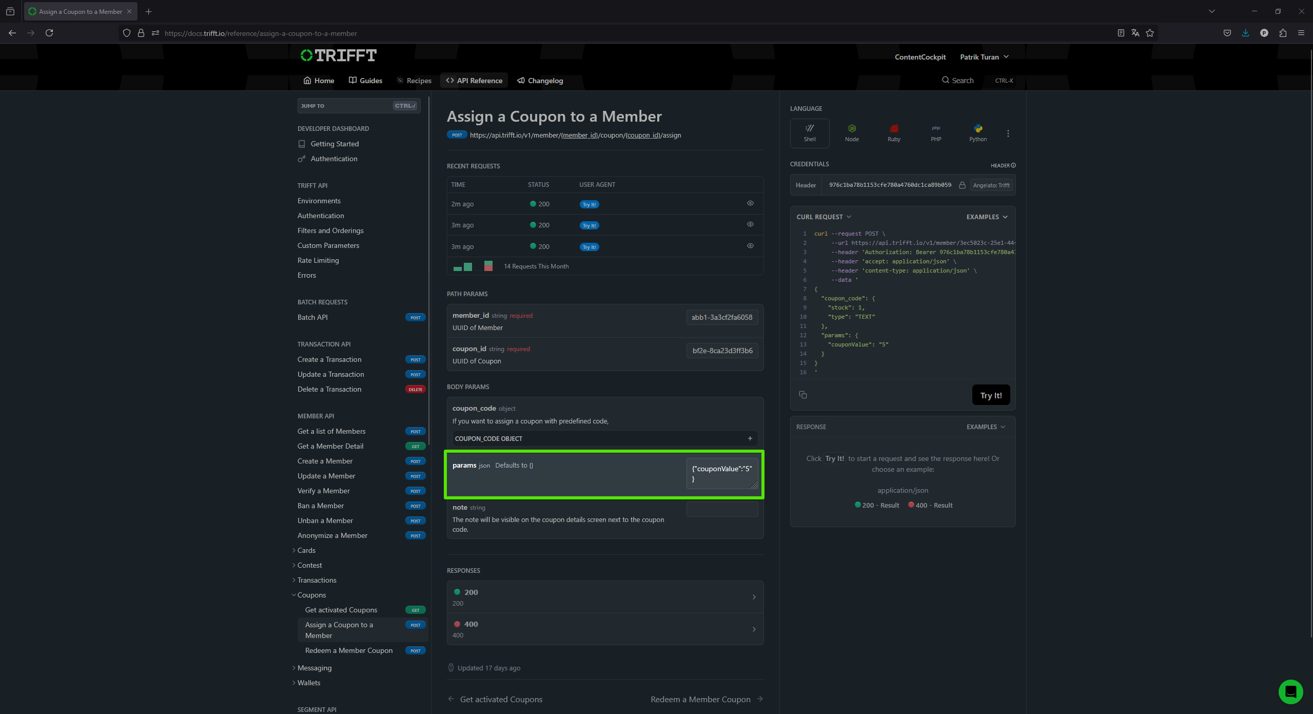 API Assign a Coupon to a Member - params