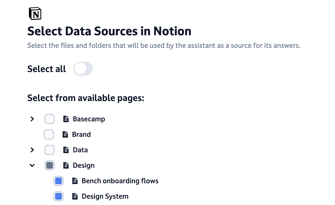 Once you picked a datasource, you can fine-tune the pages available to your assistant