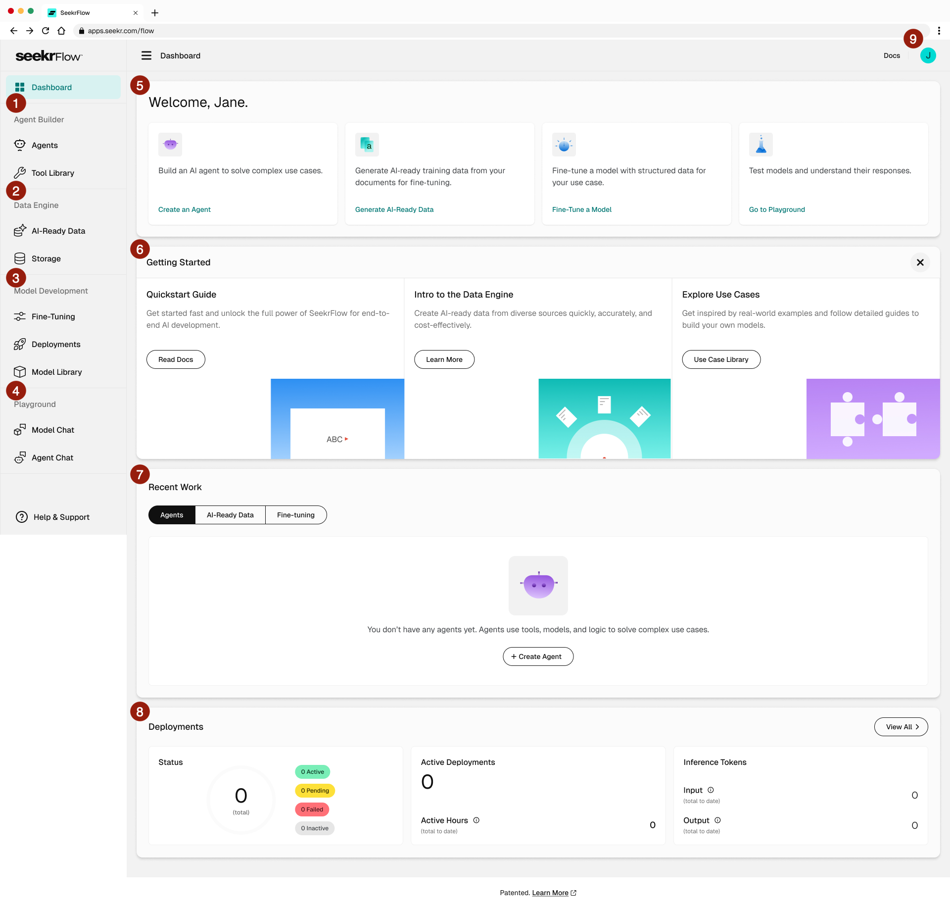SeekrFlow dashboard with numbered callouts