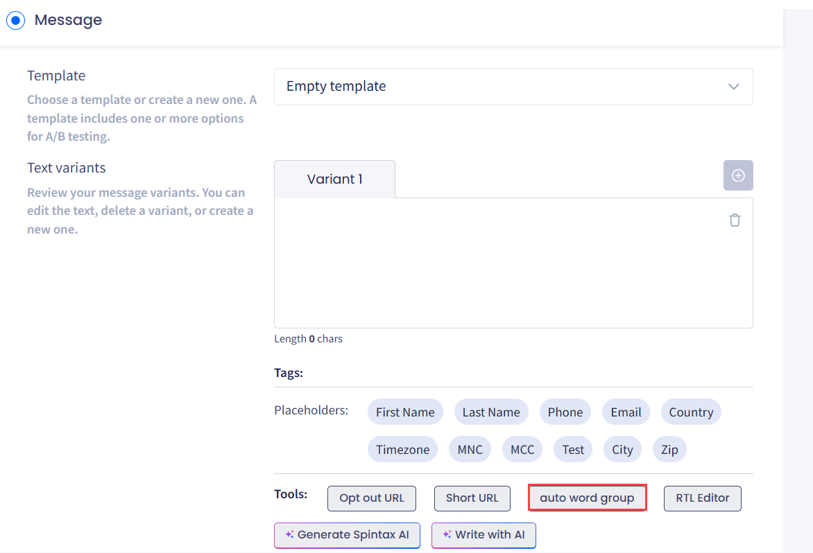 Screenshot of the Auto Word Group button