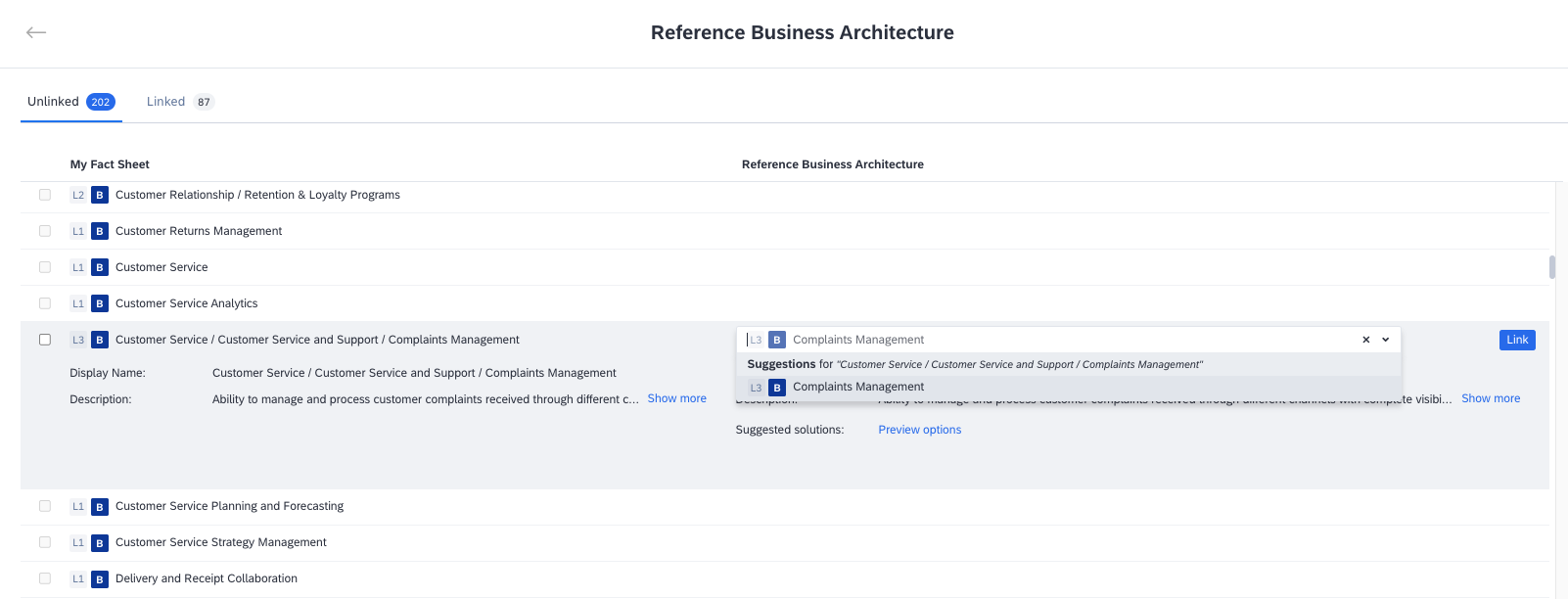 Linking Reference Business Architecture Items to Business Capability Fact Sheets in Bulk