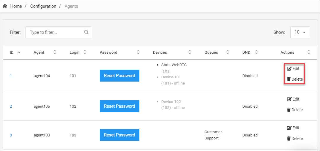 Screenshot of the Configuration > Agents tab: options