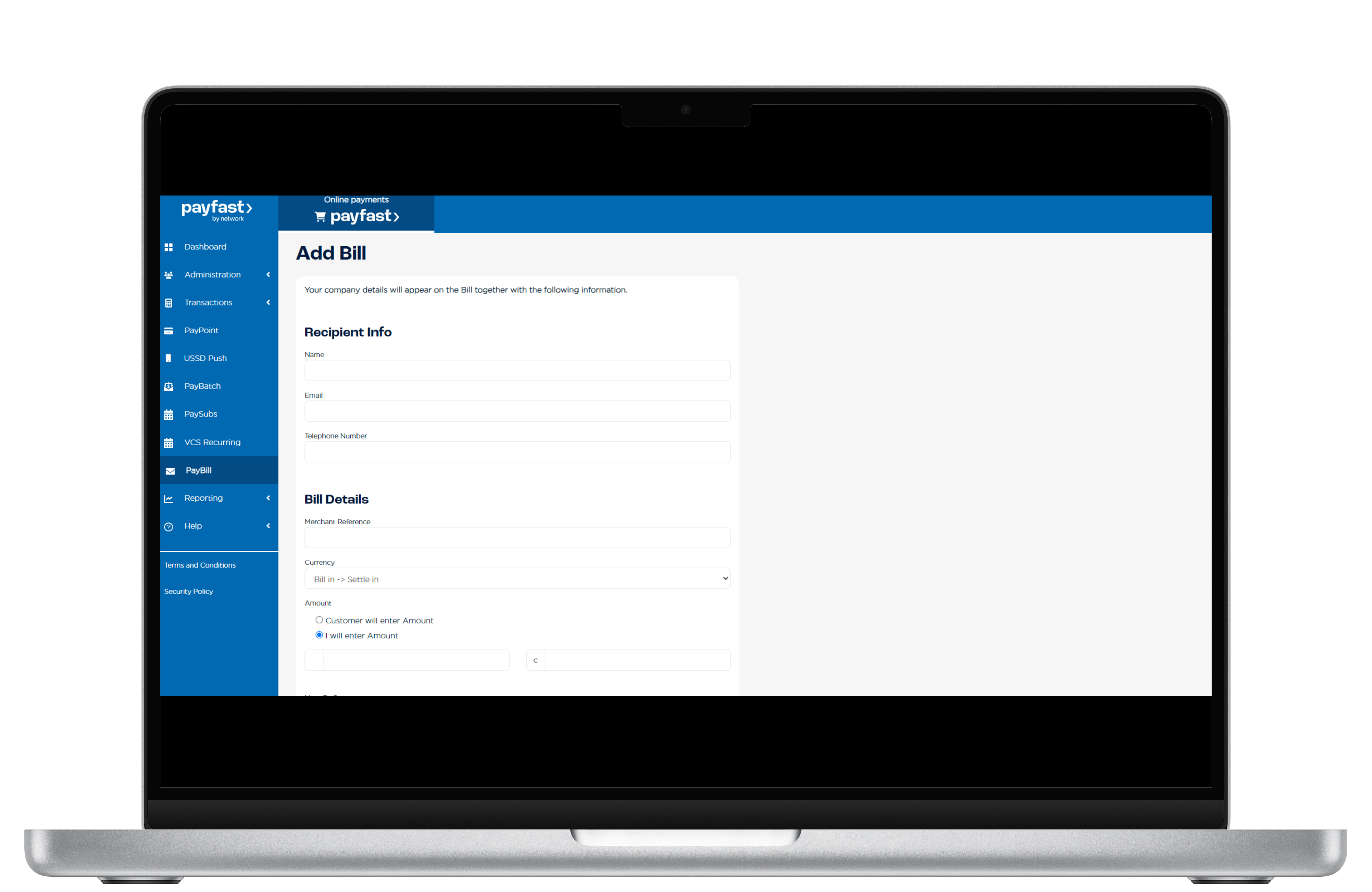 Fill out the recipient info and click the Send button at the bottom of the form.