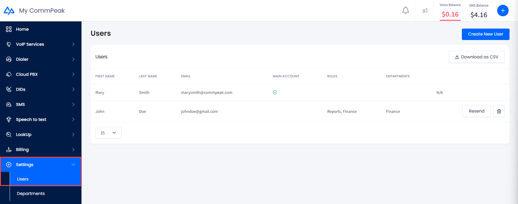 Screenshot of the Settings tab menu