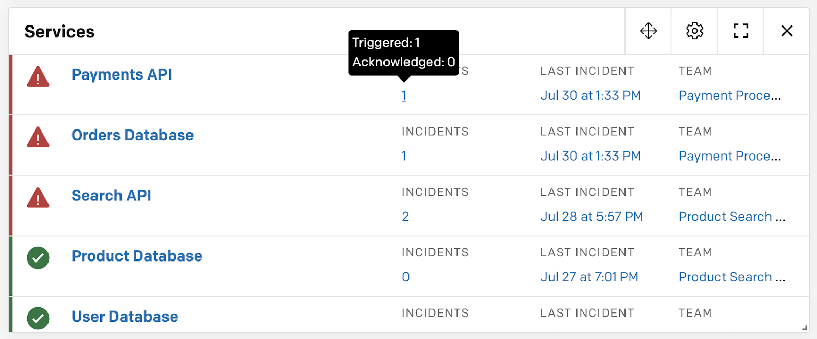 A screenshot of the PagerDuty detailing the Visibility Console's Services module