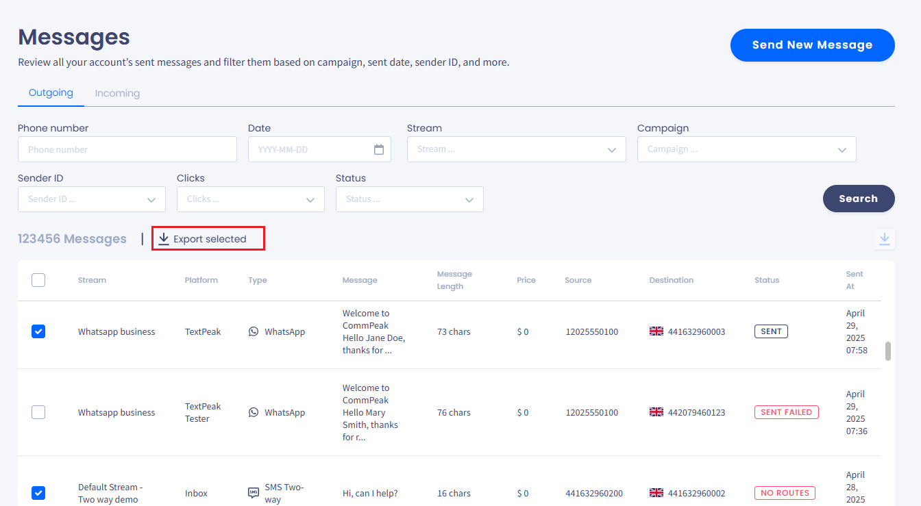 Screenshot of the Export selected option