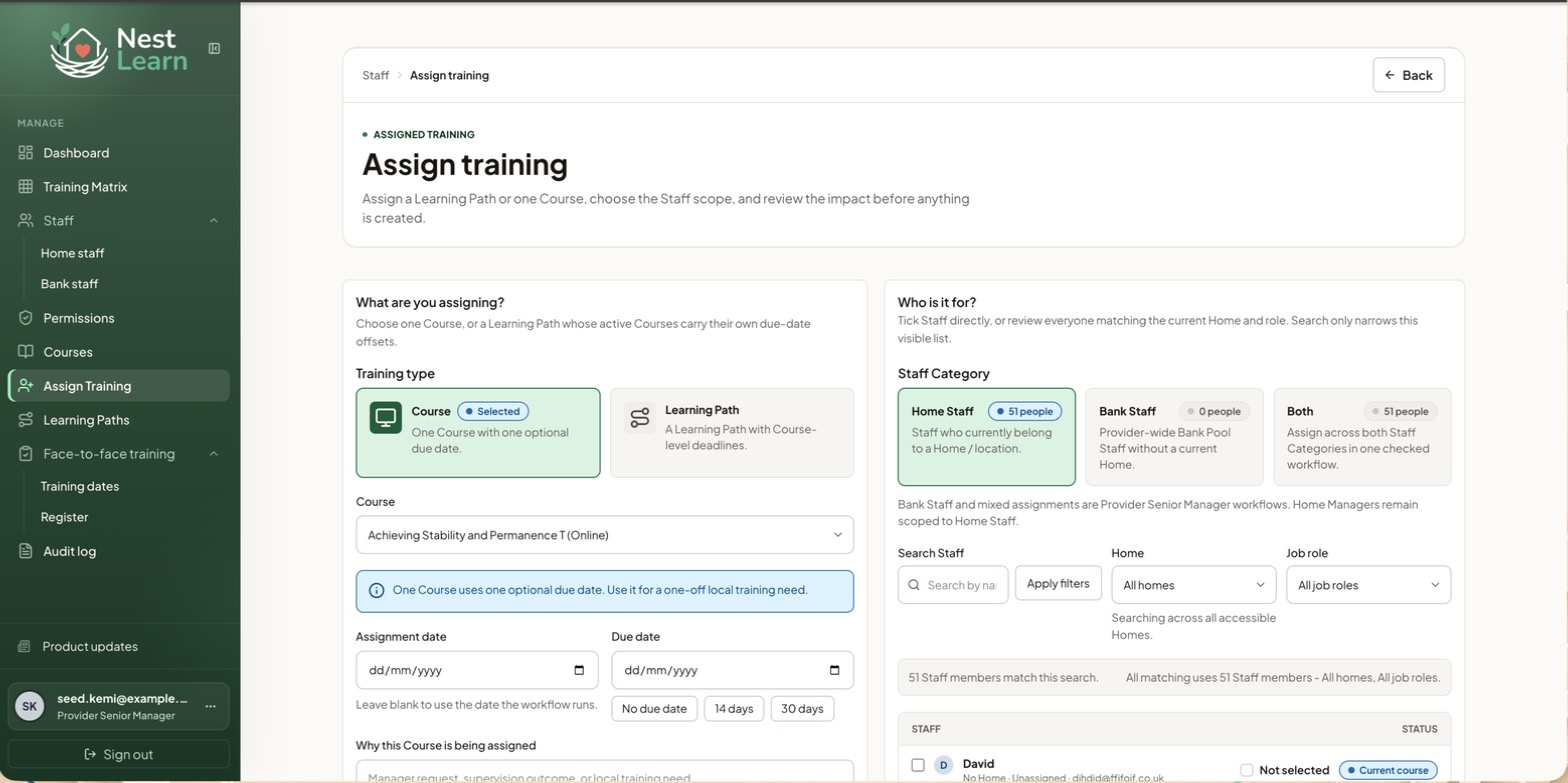 The Assign training screen, showing the Home Staff, Bank Staff and Both options