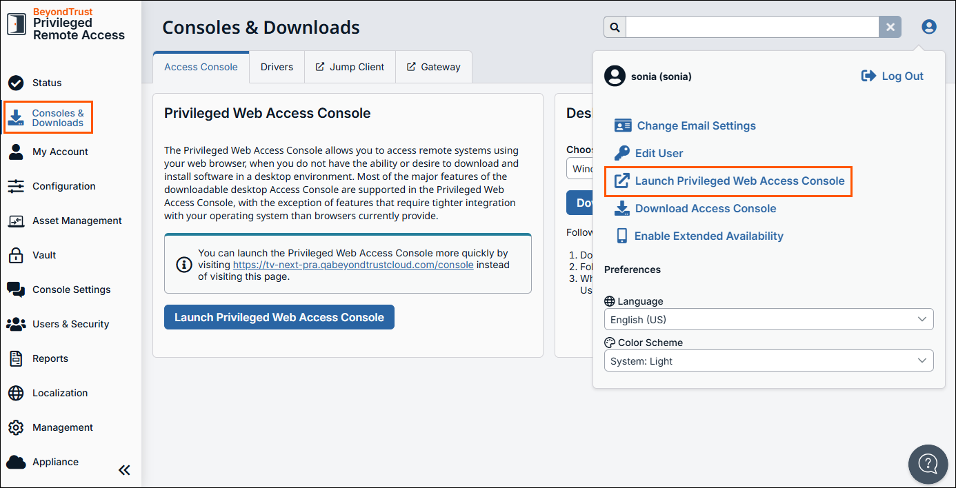 Both options for logging into the web console.