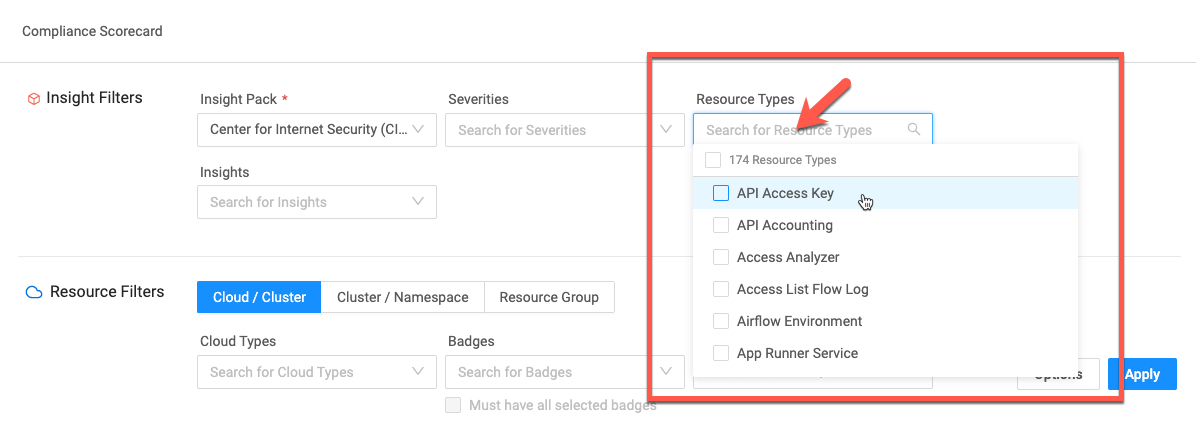 Compliance Scorecard Filters - Type to Search