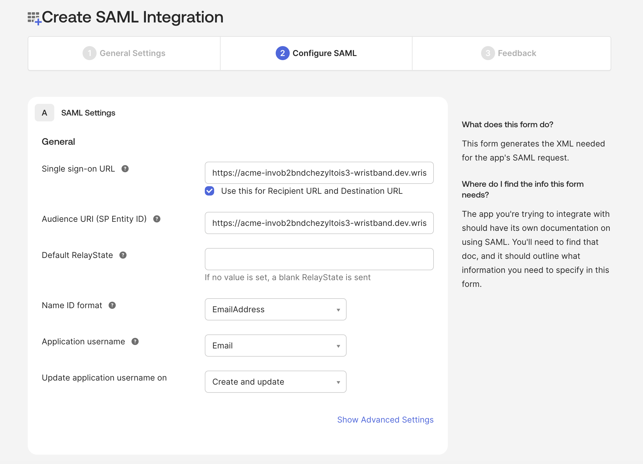 Okta: SAML Integration Wizard, Configure SAML tab
