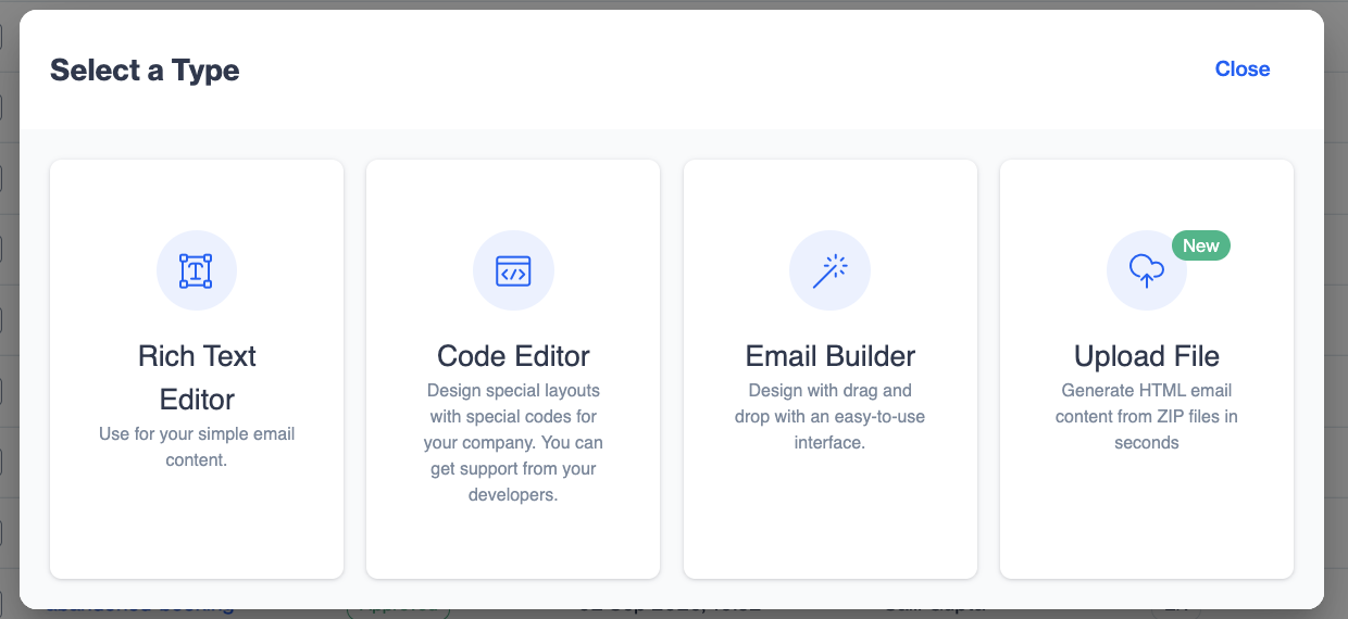 Dengage Select a Type dialog showing four content types: Rich Text Editor, Code Editor, Email Builder and Upload File, with Email Builder highlighted