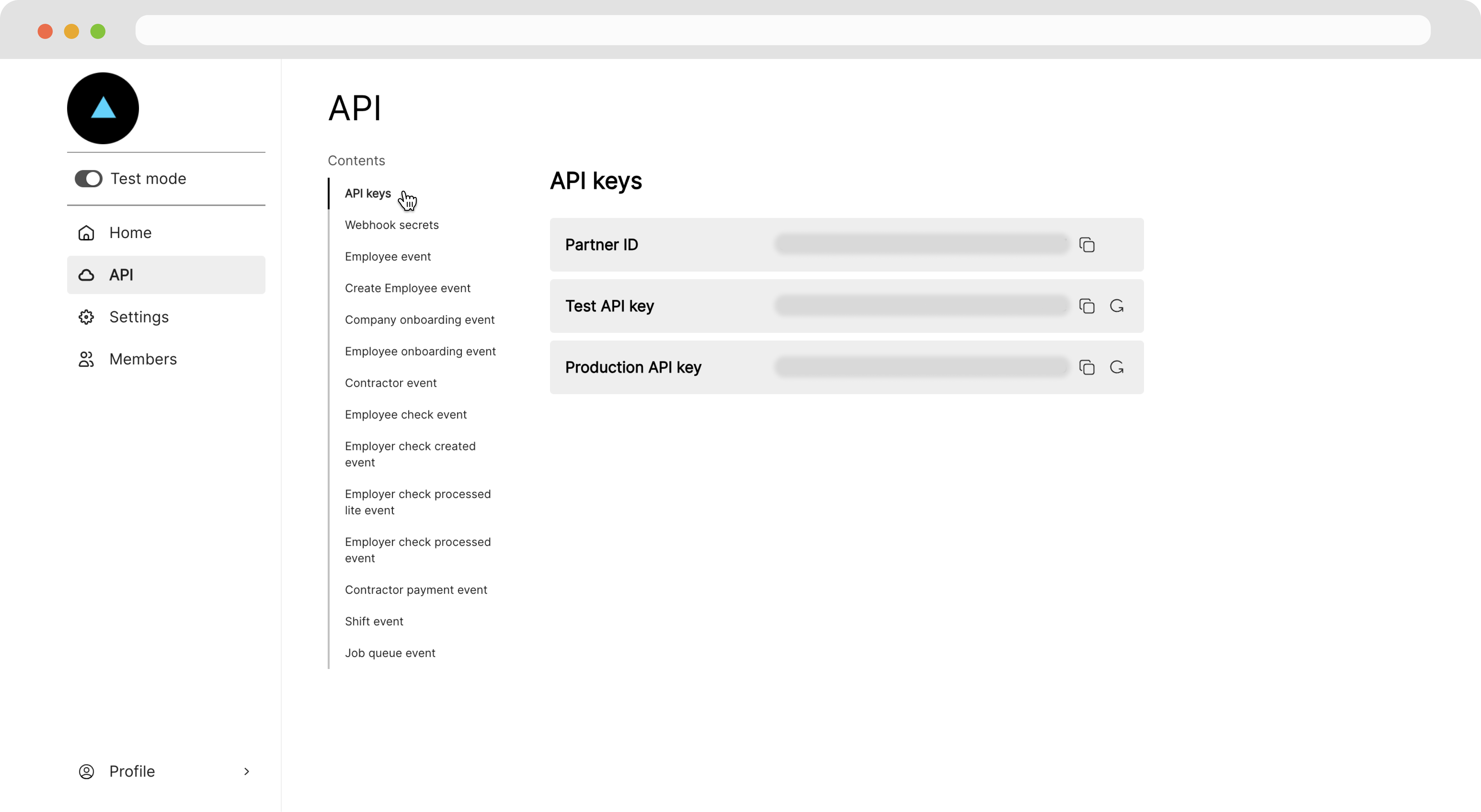 view api keys on the api page