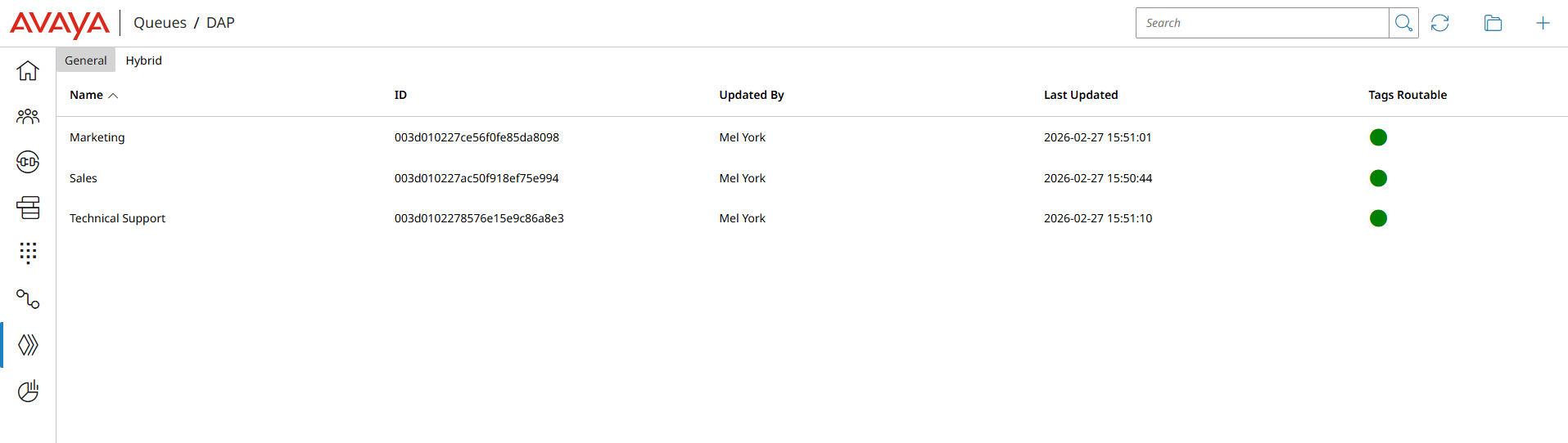 Queue IDs shown in the Avaya Infinity Admin portal queue list