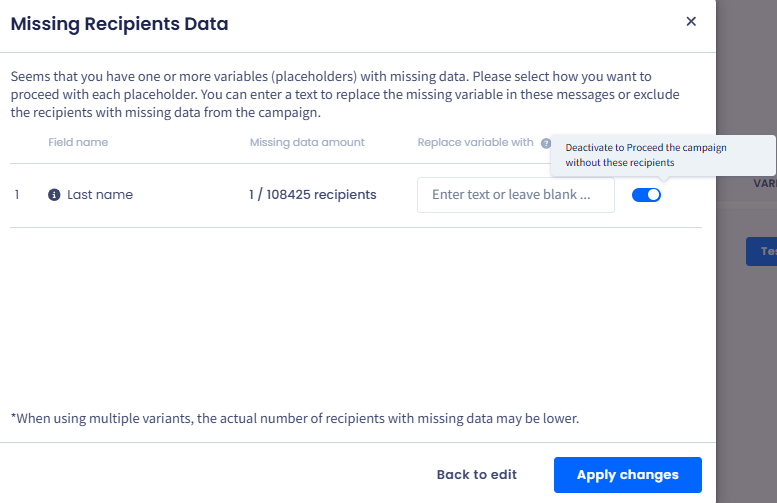 Screenshot of the Missing Recepients Data pop-up window