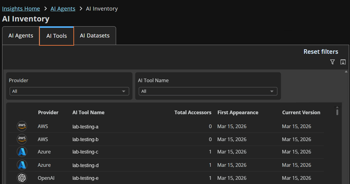 AI inventory Tools tab