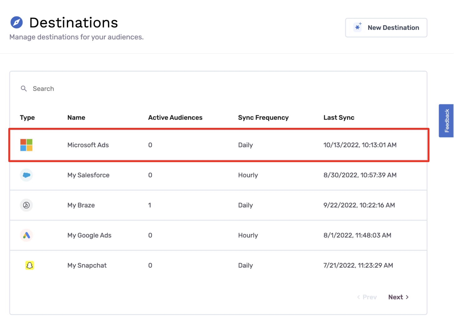 microsoft ads destination list