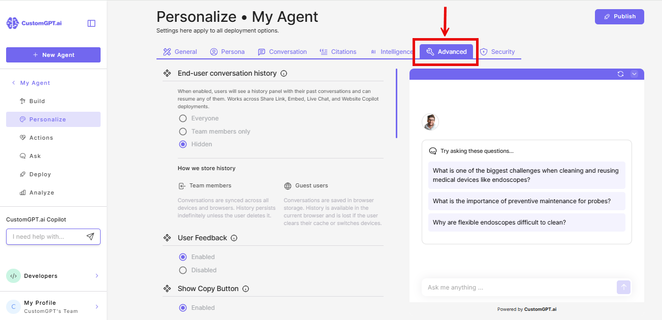 Advanced tab on the Personalize page