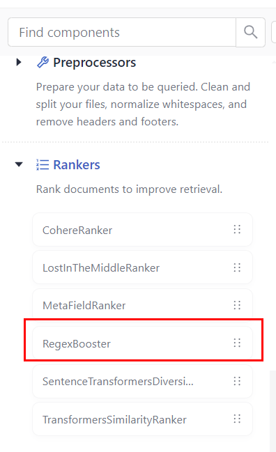 The rankers group in component studio with a custom component called RegexBooster highlighted