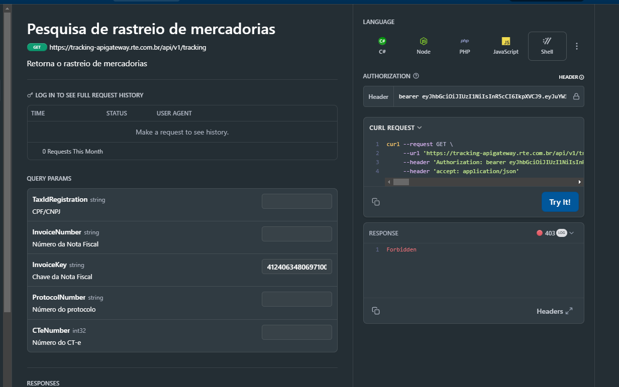 Ao tentar realizar um tracking, informo o bearer e o token e tenho como retorno O ERRO 403.  
Se não especifico o bearer antes do token, tenho o ERRO 401.  
não consigo fazer um rastreamento de forma alguma, seja pela chave, pelo numero da transportadora, nada.  
como proceder nesse caso?