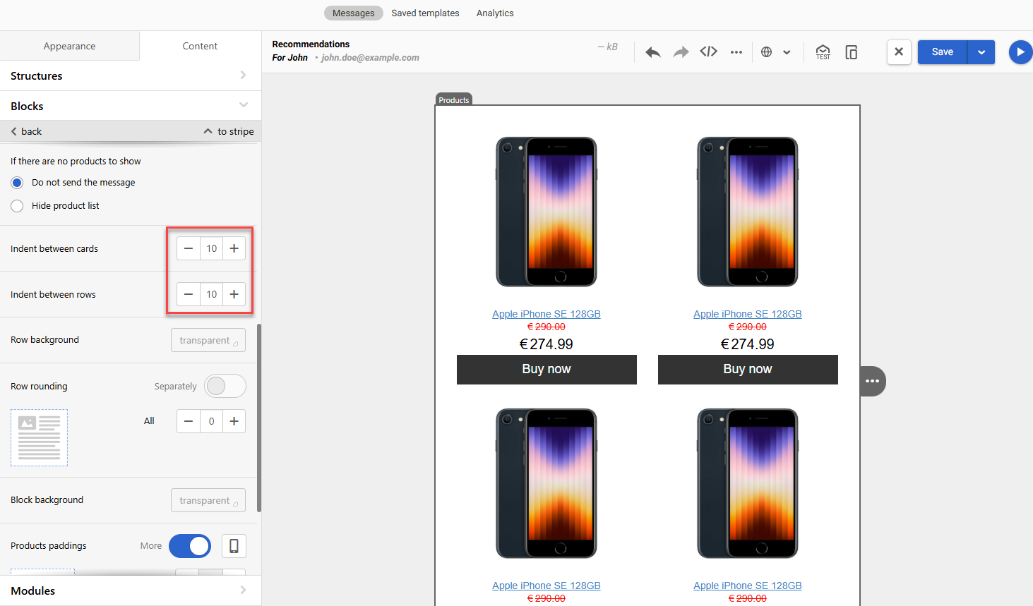 Indents between cards and rows