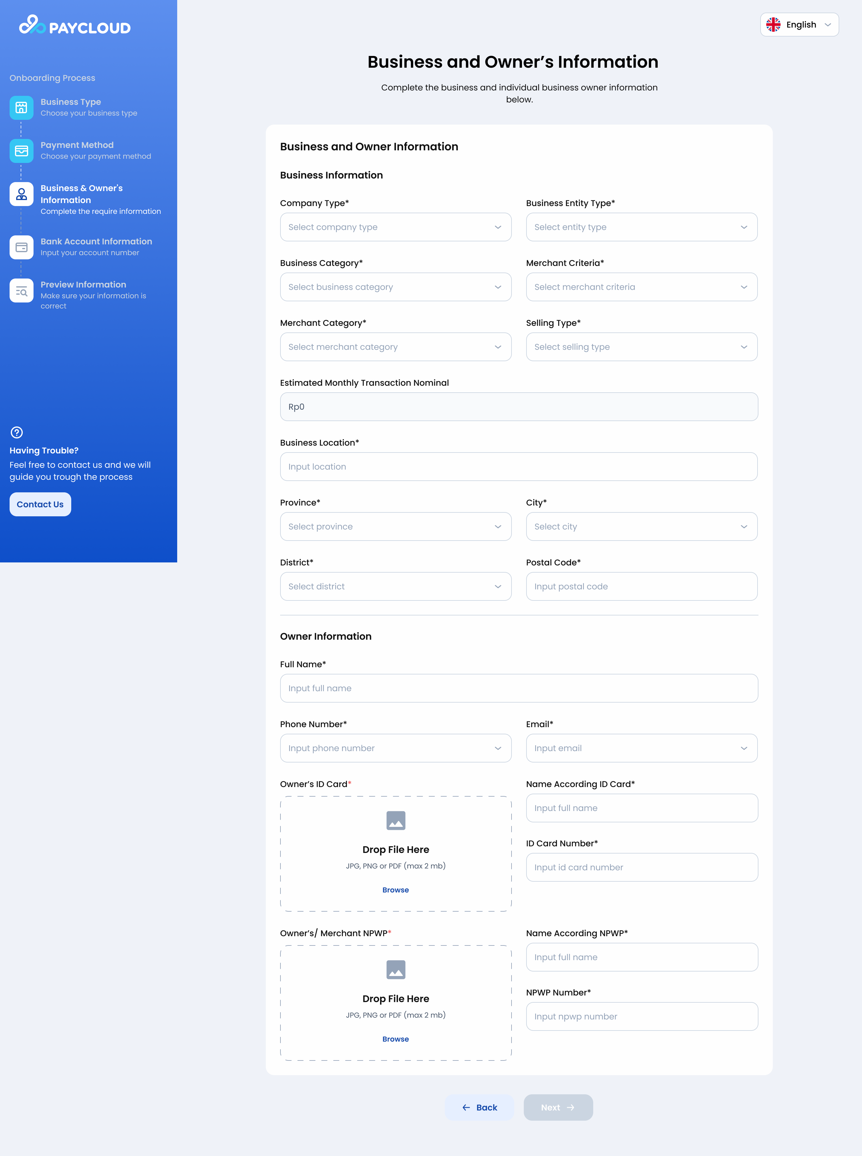 Onboarding Page - Business and Owner Information (Individual)