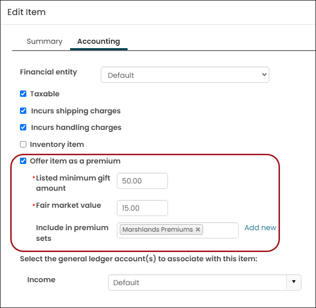 Gift item open for edit with box around the "Offer item as a premium" settings