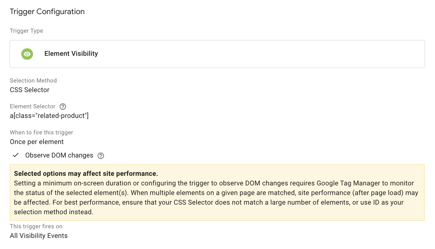 a sample triggering condition for viewProductRecommendation event on GTM
