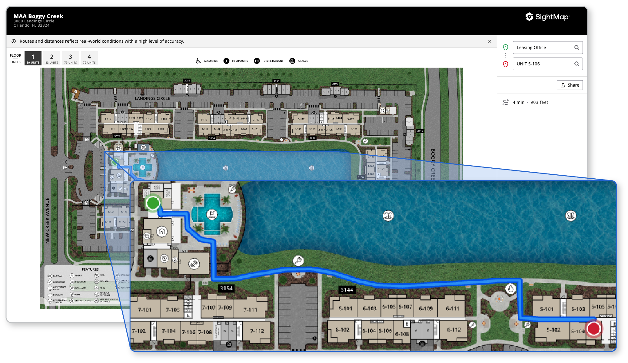 A SightMap displaying a path navigating from the property's leasing office to a specific unit.