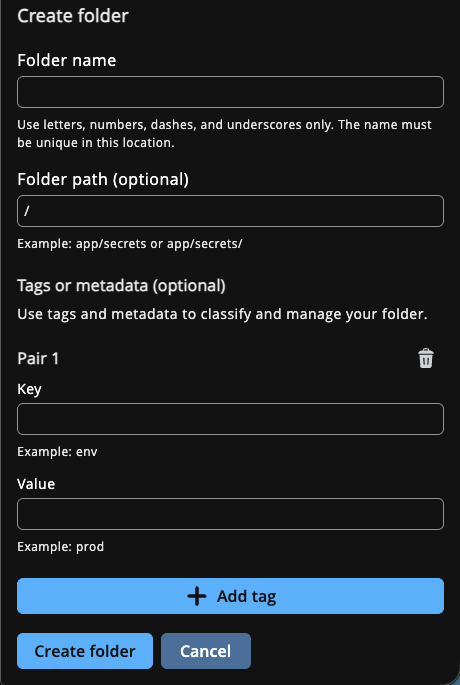 Create folder form with Folder name, optional Folder path, and optional tag key-value fields.