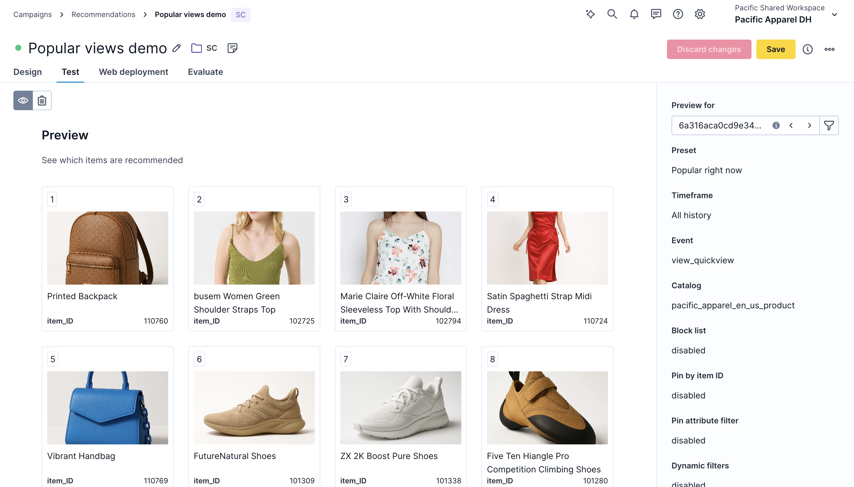 Recommendations preview test tab.