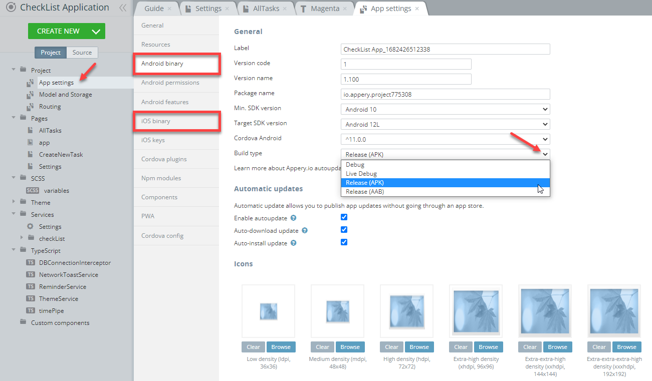 Selecting iOS binary build type