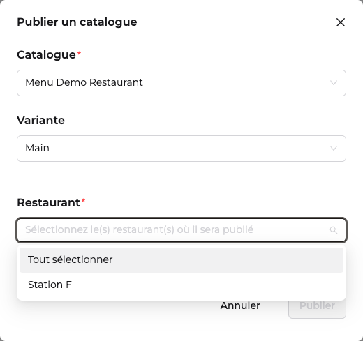 La modale Publier un catalogue, avec le catalogue sélectionné et la liste des points de vente ouverte sur les options Tout sélectionner et Station F