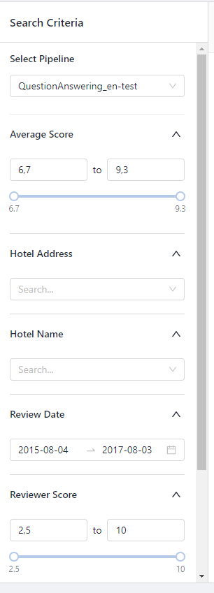 The hotel_reviews workspace with the search open and the search filters displayed.