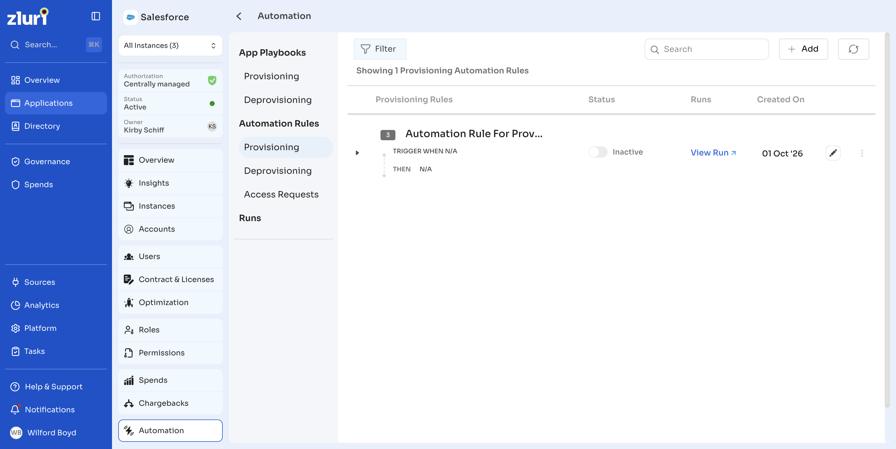 Provisioning Automation Rules list on the Automation tab