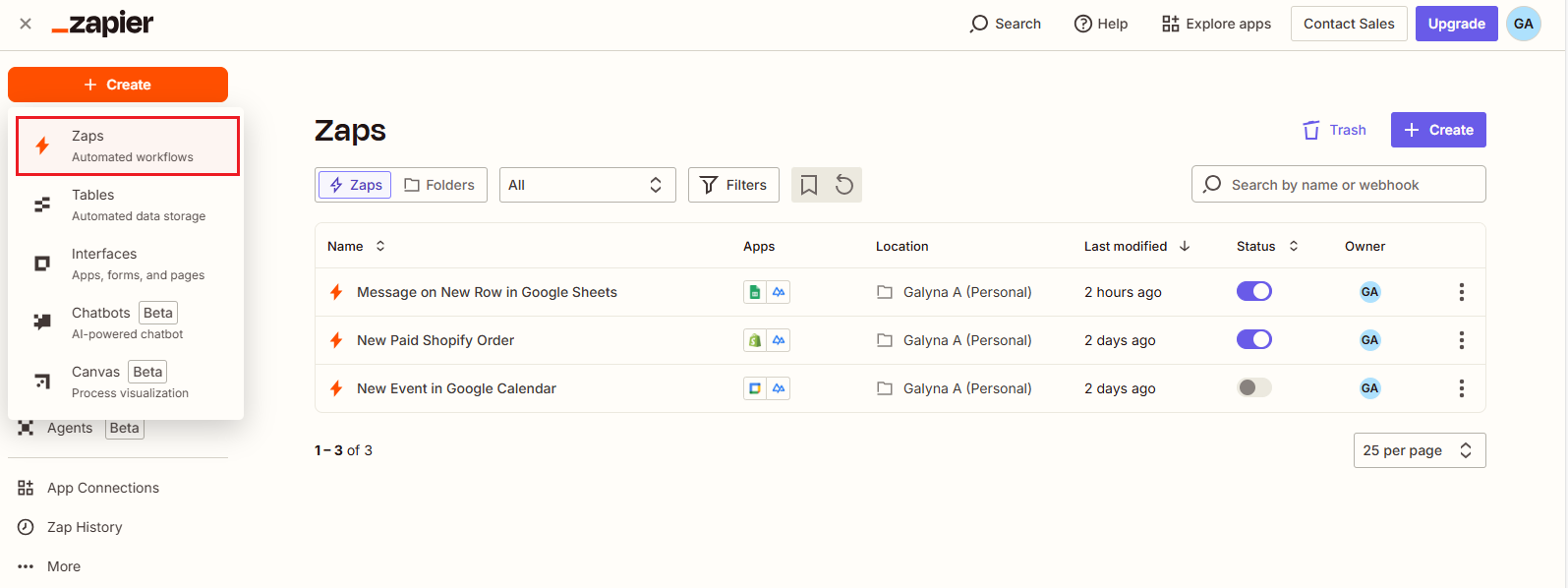 Screenshot of the + Create option