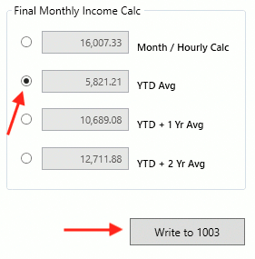 Possible values of monthly income for a borrower. "YTD average" is selected, and is about to be written to the 1003 form.