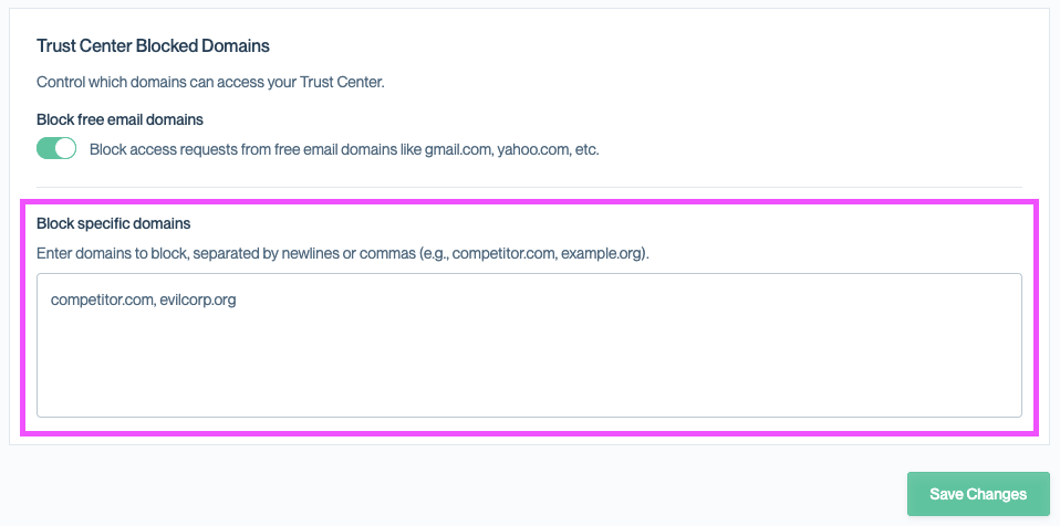 Trust Center Blocked Domains settings with multiple domains entered in the Block specific domains field.