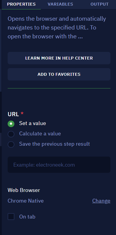 In the screenshot, you can observe properties related to browser-related blocks. The available options vary depending on the selected block's nature.