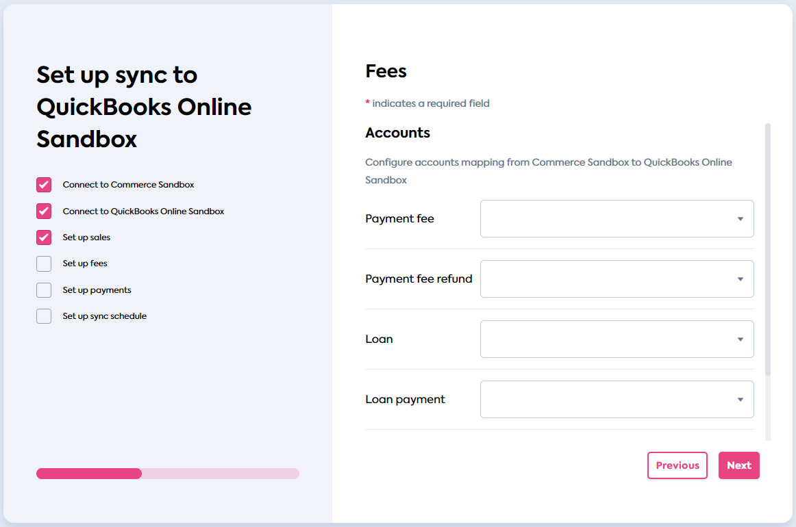 Fees Accounts screen of the Sync for Commerce flow (click to expand).