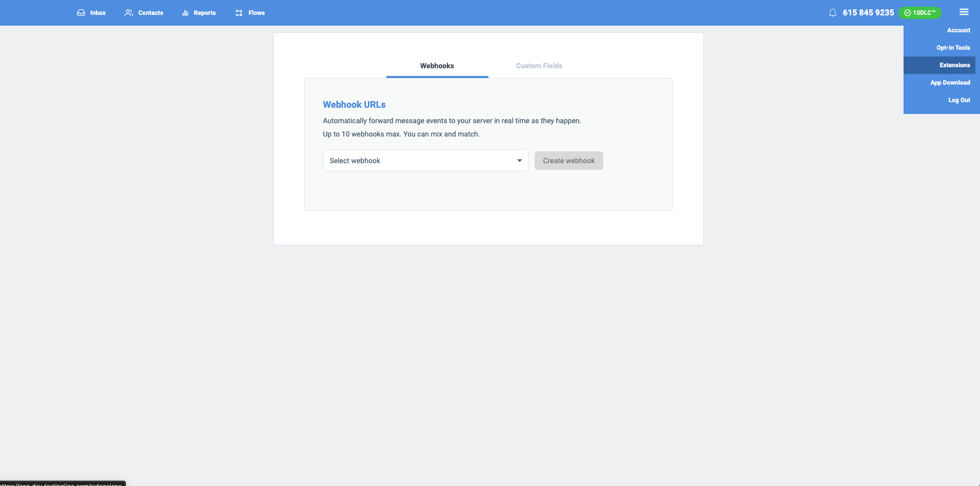 Webhook setup screen in the Textingline dashboard