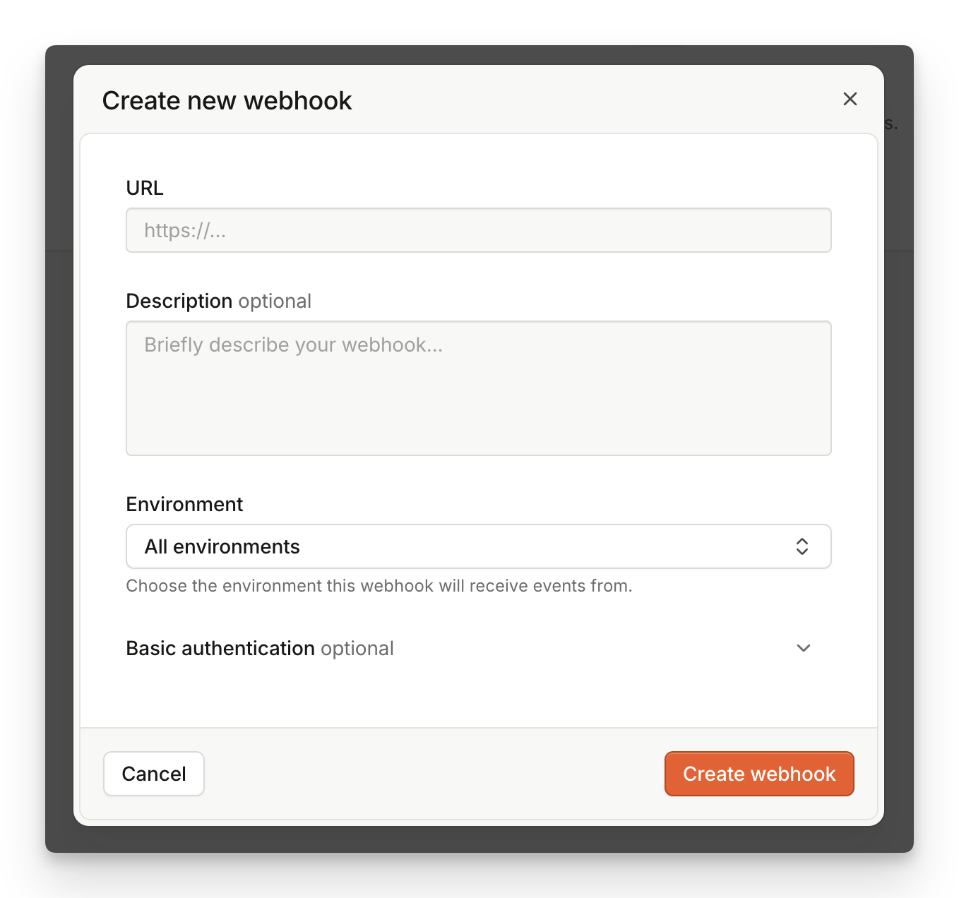 Create a new webhook form