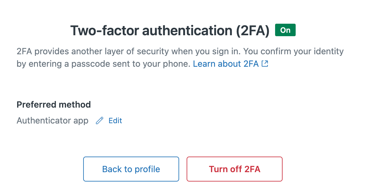 Two-factor authentication (2FA) page