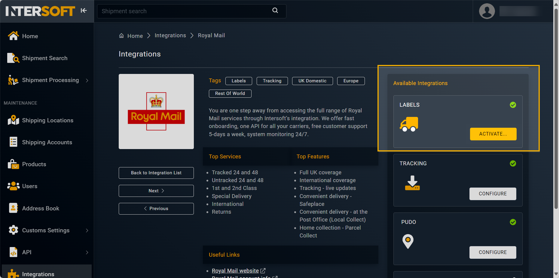 Activating Royal Mail labels integration